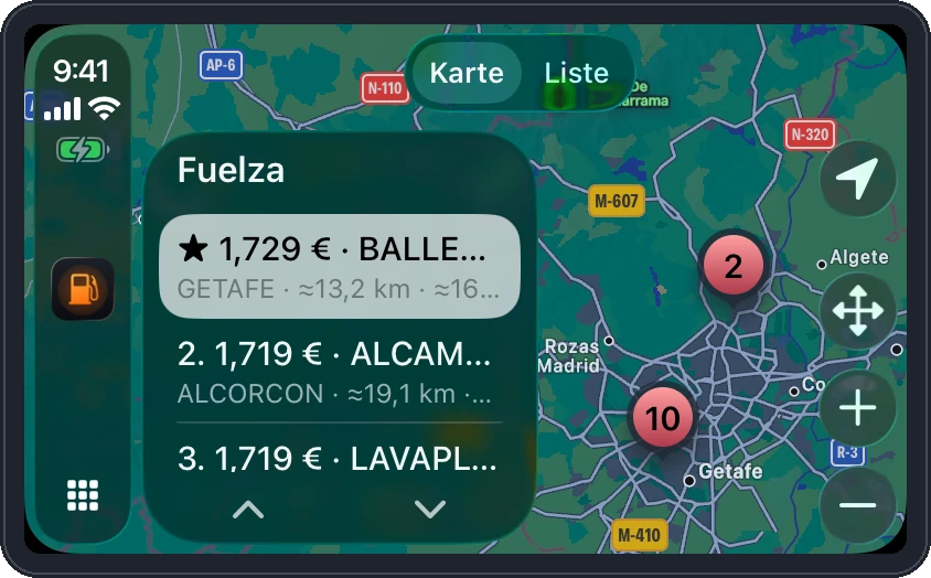 Fuelza auf CarPlay: Liste der Tankstellen in der Nähe nach Preis sortiert neben einer Karte