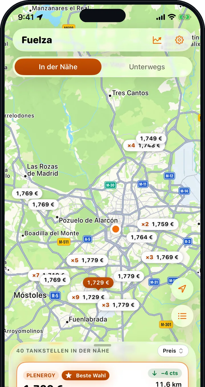 Fuelza auf dem iPhone: Karte von Madrid mit dem Preis jeder Tankstelle und der besten Wahl hervorgehoben