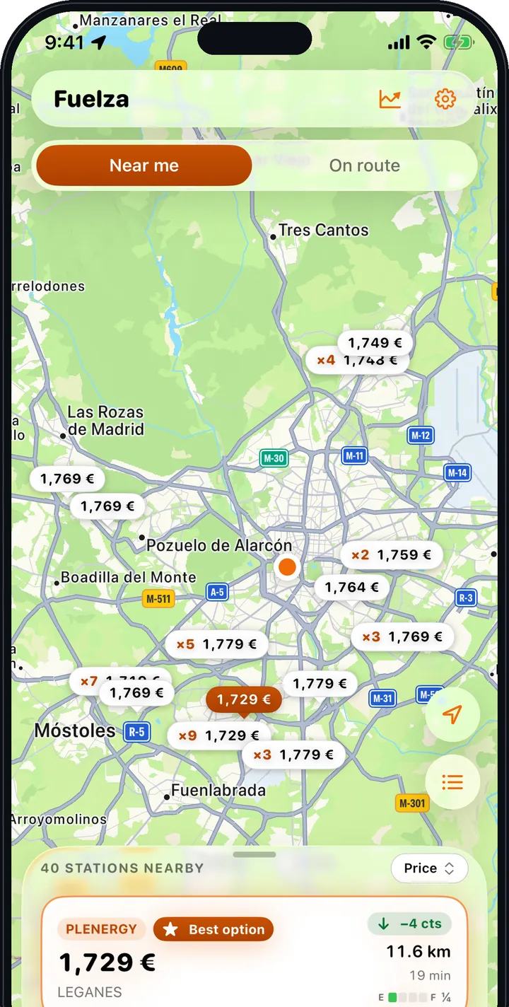Fuelza on an iPhone: a map of Madrid with the price at every gas station and the best option highlighted
