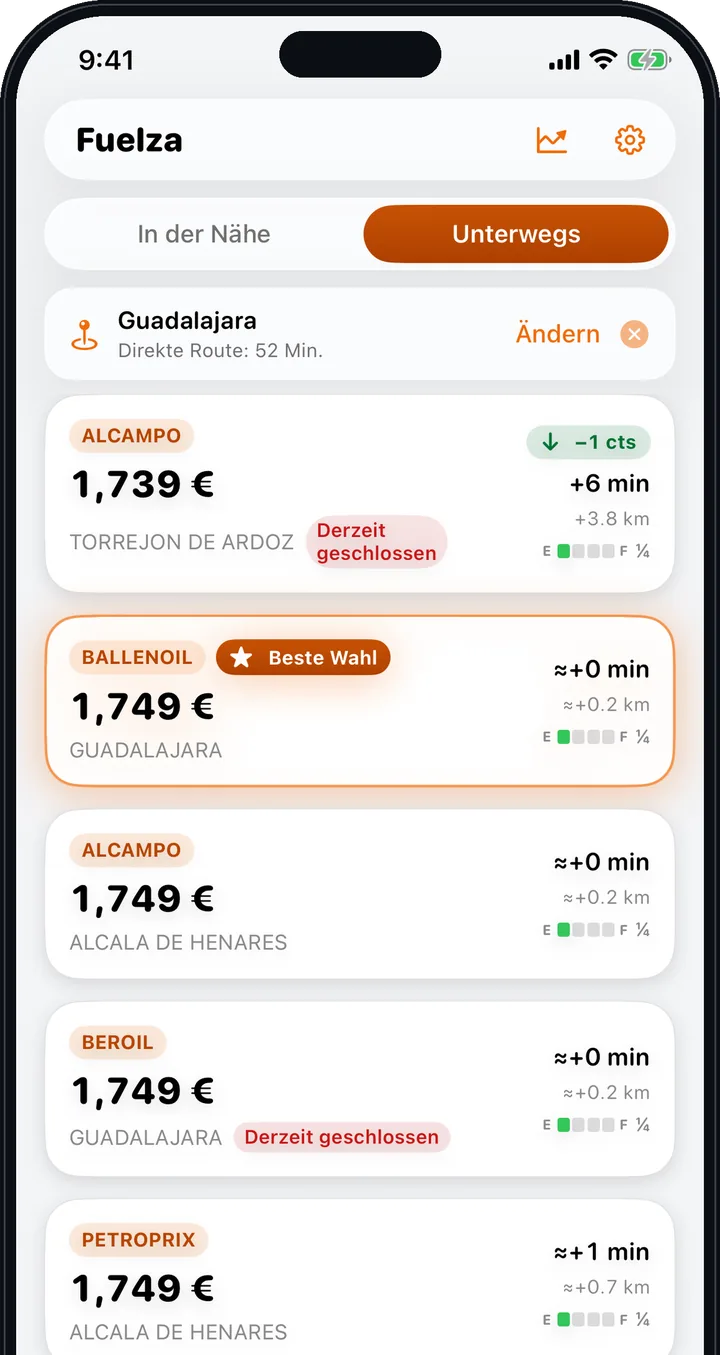 Unterwegs — Tanke auf dem Weg, ohne deine Route zu verlassen